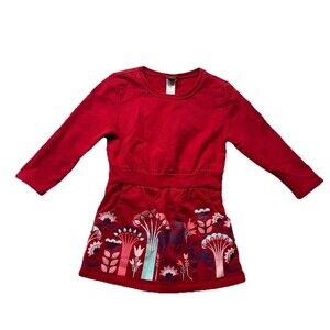 Tea Collection Girls Long Sleeve Dress Red Floral Deer Size 3 3T Pockets